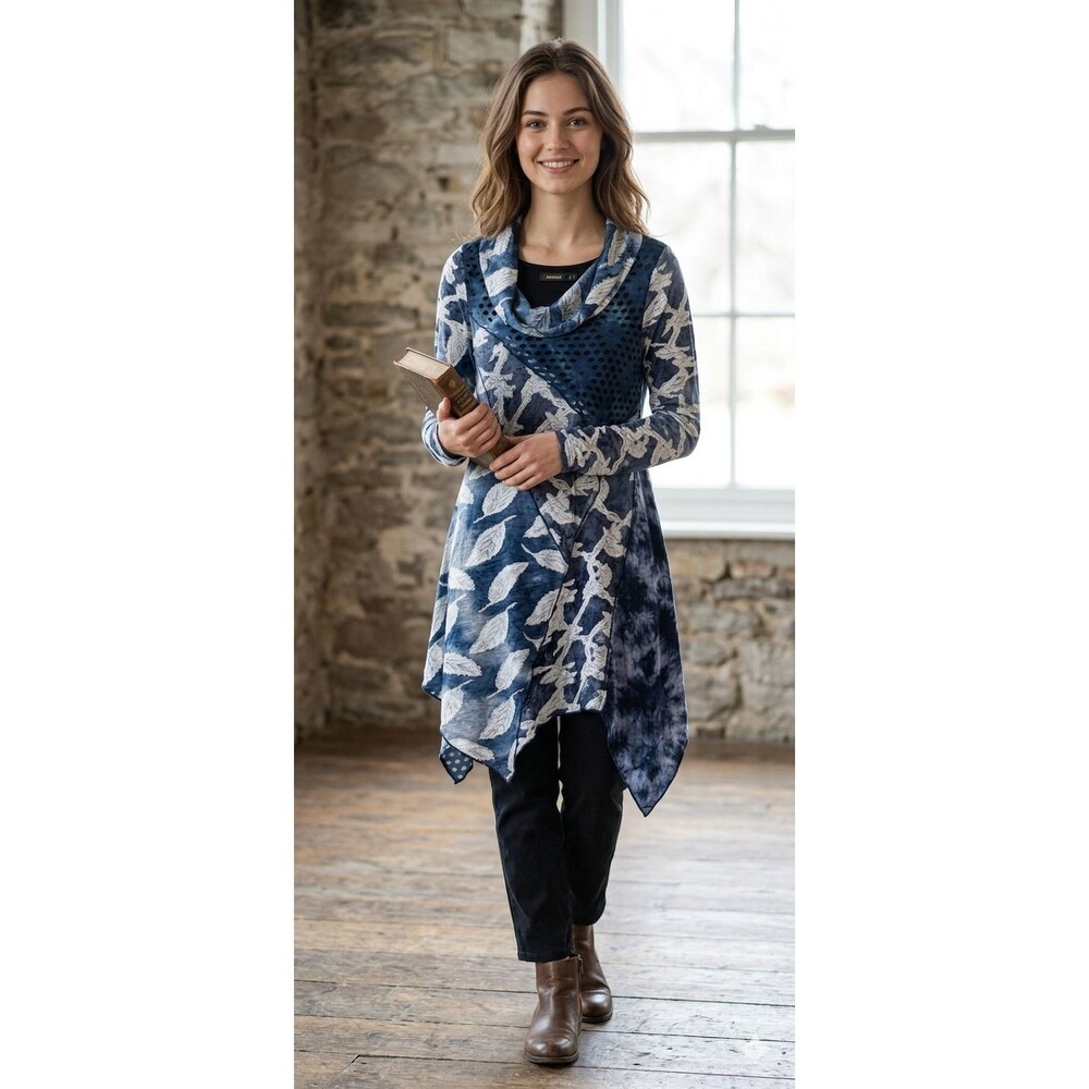 Radzoli Tunic Top Blue Leaf Asymmetrical Handkerchief Hem Cowl Neck Small